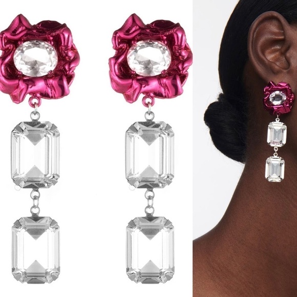 Sterling King Ada Crystal Floral Drop Statement Earrings Fuchsia Silver - Picture 1 of 6